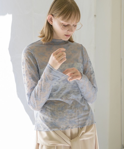 idem(イデム)の「tulle lace sheer tops/レーストップス(Tシャツ/カットソー・レディース・ブルー/ブラック・FREE)」の2枚目の写真