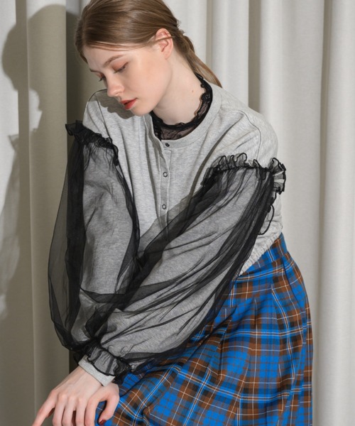 idem(イデム)の「tulle lace sheer tops/レーストップス(Tシャツ/カットソー・レディース・ブルー/ブラック・FREE)」の6枚目の写真