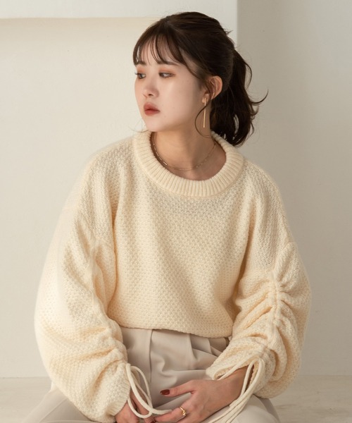 Amiur(エミレ)の「seed stitch ribbon knit / シードステッチリボンニット(ニット/セーター・レディース・ブラック/アイボリー/ベージュ・FREE)」の5枚目の写真