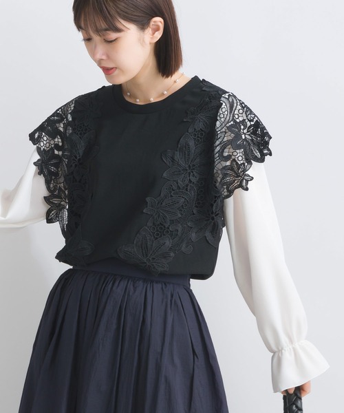 PICCIN(ピッチン)の「【WEB限定】レースドッキングカットジョーゼットプルオーバー(Tシャツ/カットソー・レディース・オフホワイト/ブラック・M/L/S)」の2枚目の写真
