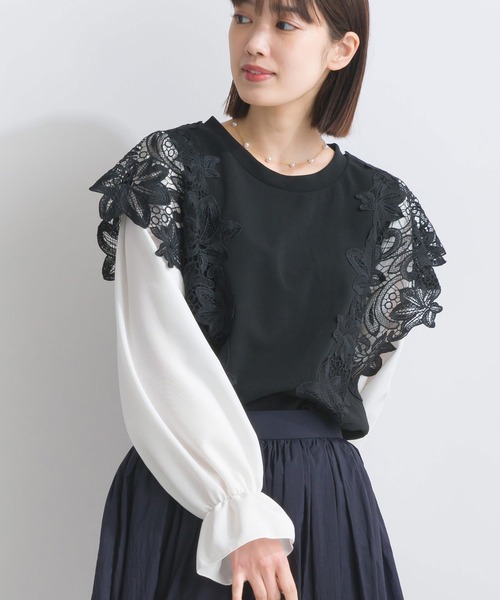 PICCIN(ピッチン)の「【WEB限定】レースドッキングカットジョーゼットプルオーバー(Tシャツ/カットソー・レディース・オフホワイト/ブラック・M/L/S)」の3枚目の写真