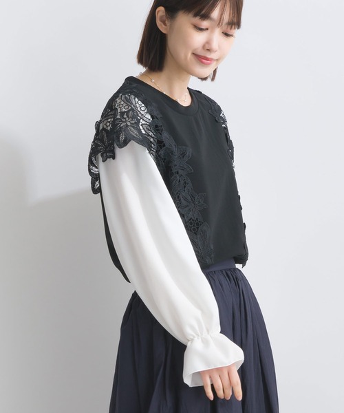 PICCIN(ピッチン)の「【WEB限定】レースドッキングカットジョーゼットプルオーバー(Tシャツ/カットソー・レディース・オフホワイト/ブラック・M/L/S)」の4枚目の写真