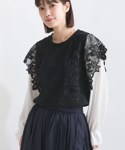 PICCIN(ピッチン)の「【WEB限定】レースドッキングカットジョーゼットプルオーバー(Tシャツ/カットソー・レディース・オフホワイト/ブラック・M/L/S)」の5枚目の写真
