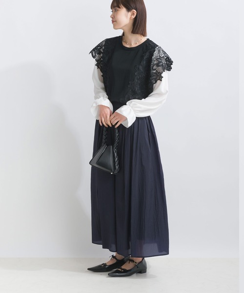 PICCIN(ピッチン)の「【WEB限定】レースドッキングカットジョーゼットプルオーバー(Tシャツ/カットソー・レディース・オフホワイト/ブラック・M/L/S)」の7枚目の写真