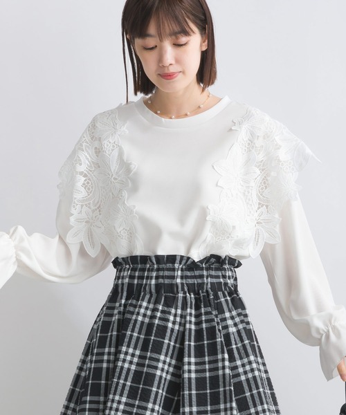 PICCIN(ピッチン)の「【WEB限定】レースドッキングカットジョーゼットプルオーバー(Tシャツ/カットソー・レディース・オフホワイト/ブラック・M/L/S)」の10枚目の写真