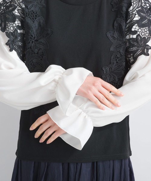 PICCIN(ピッチン)の「【WEB限定】レースドッキングカットジョーゼットプルオーバー(Tシャツ/カットソー・レディース・オフホワイト/ブラック・M/L/S)」の16枚目の写真