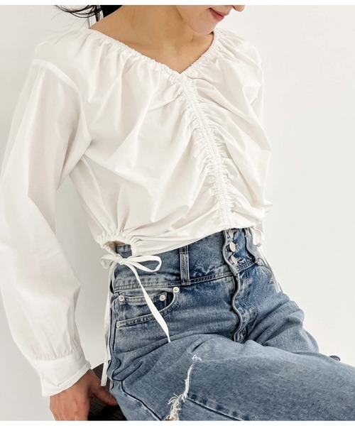 ANAP(アナップ)の「シャーリングブラウス(シャツ/ブラウス・レディース・ホワイト/グレー・FREE)」の1枚目の写真