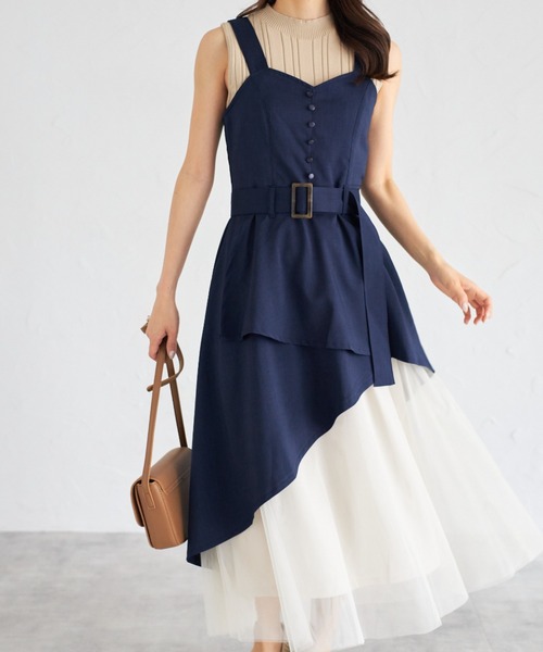 tocco closet(トッコ クローゼット)の「【ZOZO限定】ラップアシメトリーチュール切替ジャンパースカート(ワンピース・レディース・ネイビー/キナリ/ブラック・M)」の3枚目の写真