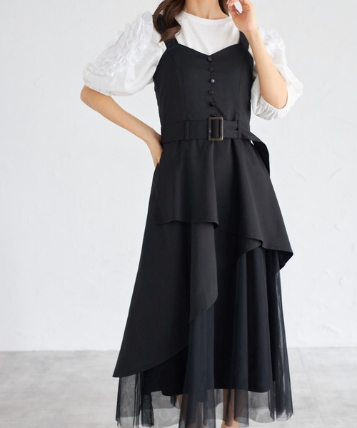 tocco closet(トッコ クローゼット)の「【ZOZO限定】ラップアシメトリーチュール切替ジャンパースカート(ワンピース・レディース・ネイビー/キナリ/ブラック・M)」の2枚目の写真