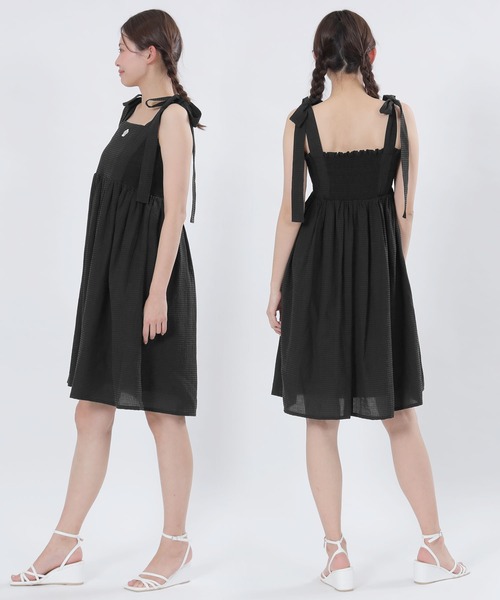 【新品】マリークワント　フリルリボンミニワンピース　ブラック MARY QUANT（マリークワント）の「シャーリングショルダーリボン