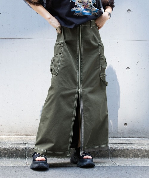 RAGEBLUE(レイジブルー)の「BIGポケット/Wジップスリットワークスカート2(デニムスカート・レディース・オリーブ/ブルー/ブラック・FREE)」の8枚目の写真