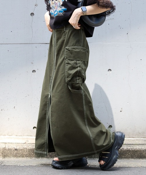 RAGEBLUE(レイジブルー)の「BIGポケット/Wジップスリットワークスカート2(デニムスカート・レディース・オリーブ/ブルー/ブラック・FREE)」の9枚目の写真