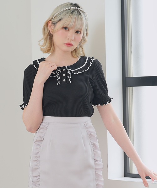 DearMyLoveRose（ディアマイラブローズ）の「フリル襟ポロトップス（Tシャツ/カットソー・レディース・ベビーピンク/ブラック/ブラック×ホワイト/ライトグレー・3L/LL/LARGE/MEDIUM）」の2枚目の写真