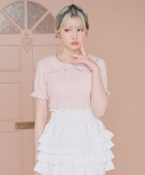 DearMyLoveRose（ディアマイラブローズ）の「フリル襟ポロトップス（Tシャツ/カットソー・レディース・ベビーピンク/ブラック/ブラック×ホワイト/ライトグレー・3L/LL/LARGE/MEDIUM）」の4枚目の写真