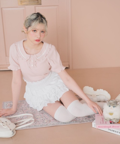 DearMyLoveRose（ディアマイラブローズ）の「フリル襟ポロトップス（Tシャツ/カットソー・レディース・ベビーピンク/ブラック/ブラック×ホワイト/ライトグレー・3L/LL/LARGE/MEDIUM）」の12枚目の写真