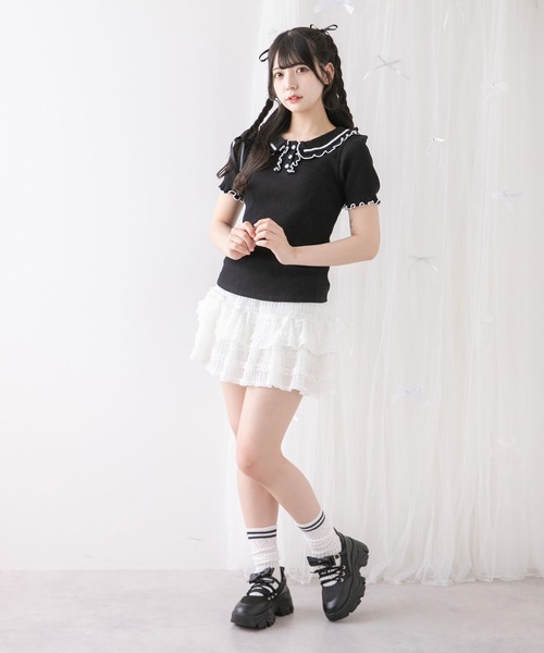 DearMyLoveRose（ディアマイラブローズ）の「フリル襟ポロトップス（Tシャツ/カットソー・レディース・ベビーピンク/ブラック/ブラック×ホワイト/ライトグレー・3L/LL/LARGE/MEDIUM）」の5枚目の写真