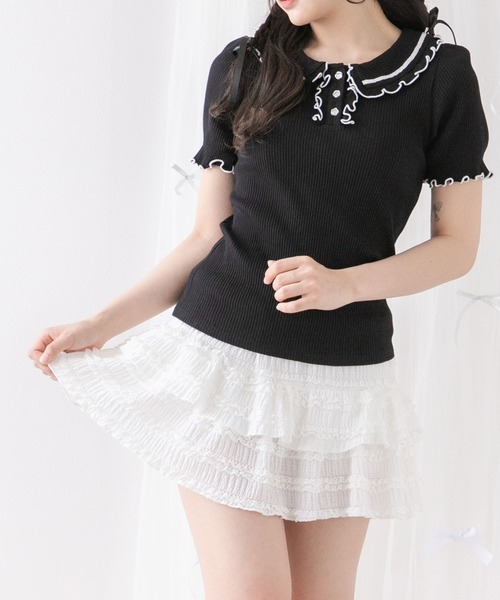 DearMyLoveRose（ディアマイラブローズ）の「フリル襟ポロトップス（Tシャツ/カットソー・レディース・ベビーピンク/ブラック/ブラック×ホワイト/ライトグレー・3L/LL/LARGE/MEDIUM）」の6枚目の写真