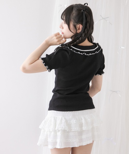 DearMyLoveRose（ディアマイラブローズ）の「フリル襟ポロトップス（Tシャツ/カットソー・レディース・ベビーピンク/ブラック/ブラック×ホワイト/ライトグレー・3L/LL/LARGE/MEDIUM）」の7枚目の写真