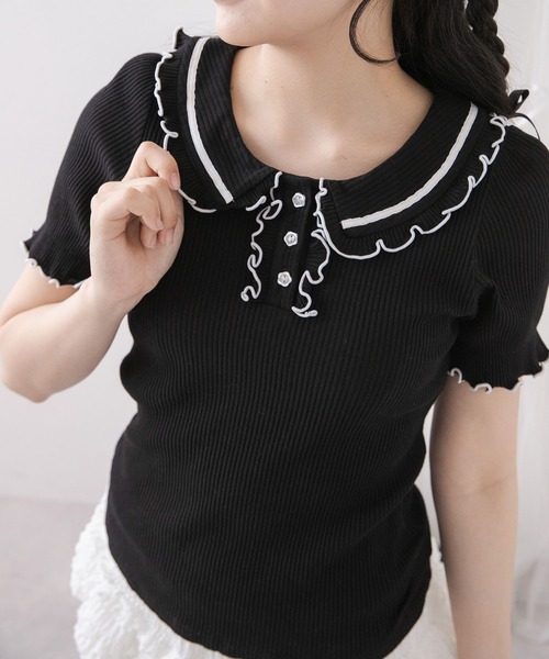 DearMyLoveRose（ディアマイラブローズ）の「フリル襟ポロトップス（Tシャツ/カットソー・レディース・ベビーピンク/ブラック/ブラック×ホワイト/ライトグレー・3L/LL/LARGE/MEDIUM）」の9枚目の写真