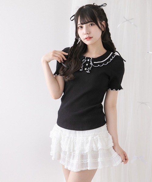 DearMyLoveRose（ディアマイラブローズ）の「フリル襟ポロトップス（Tシャツ/カットソー・レディース・ベビーピンク/ブラック/ブラック×ホワイト/ライトグレー・3L/LL/LARGE/MEDIUM）」の11枚目の写真