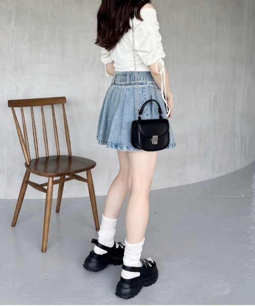 その他 mimi セール】ベルト付きプリーツデニムミニスカート 127406（デニム