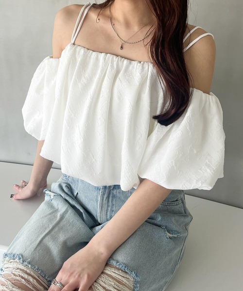 ブラウス シャツ オフショルバルーンブラウス レディース Heather ブラウス シャツ シアーチェックオフショルブラウス
