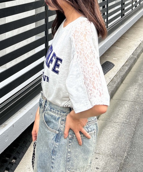 INGNI（イング）の「袖レースドッキングカレッジロゴTシャツ（Tシャツ/カットソー・レディース・オフホワイト/チャコールグレー/オートミール・M）」の14枚目の写真