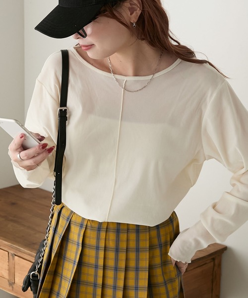 BONLECILL(ボンルシール)の「ベロアチュールメローインナー/プルオーバー(Tシャツ/カットソー・レディース・アイボリー/モカ/ブラック/ピンク/ライトグレー/カーキ/ネイビー/チャコールグレー・FREE)」の2枚目の写真