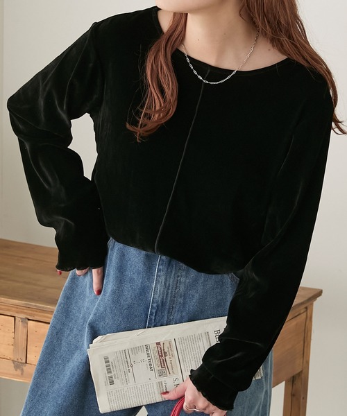 BONLECILL(ボンルシール)の「ベロアチュールメローインナー/プルオーバー(Tシャツ/カットソー・レディース・アイボリー/モカ/ブラック/ピンク/ライトグレー/カーキ/ネイビー/チャコールグレー・FREE)」の1枚目の写真