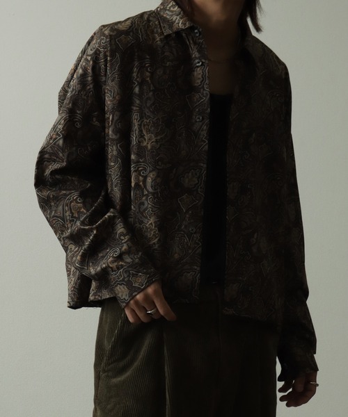 【レミレリーフ】日本製 リネン ペイズリー柄 シャツ M 長袖 ビーズ装飾 レミレリーフ】日本製 リネン ペイズリー柄 シャツ M 長袖