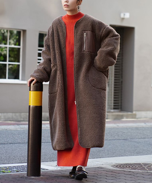 ZOOTIE　ズーティー　（F）　ノーカラーボアロングコート　ブラウン ZOOTIE ズーティー （F） ノーカラーボアロングコート ブラウン