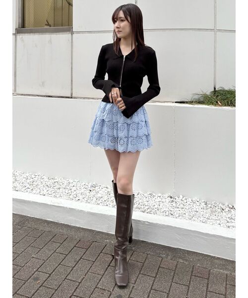 MERCURYDUO（マーキュリーデュオ）の「ダブルZIP襟付きリブニット（カーディガン/ボレロ・レディース・ライトブルー/ブラック/オフホワイト・FREE）」の16枚目の写真
