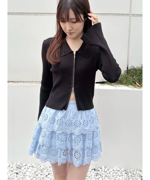 MERCURYDUO（マーキュリーデュオ）の「ダブルZIP襟付きリブニット（カーディガン/ボレロ・レディース・ライトブルー/ブラック/オフホワイト・FREE）」の20枚目の写真