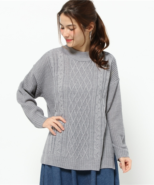 earth music&ecology(アースミュージックアンドエコロジー)の「ケーブルニットプルオーバー(ニット/セーター・レディース・LT.Gray/ブラウン/カーキ/ネイビー・FREE)」の1枚目の写真
