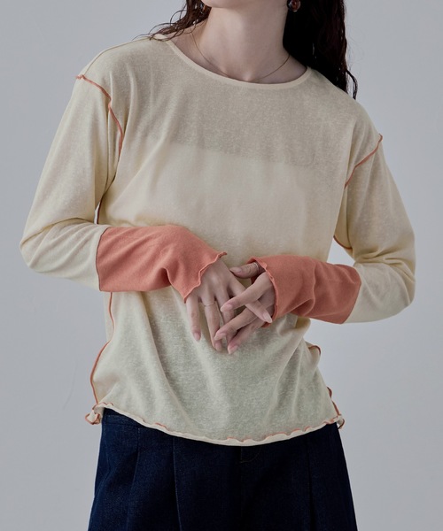 etoll.(エトル)の「バイカラークルーネックシアートップス(Tシャツ/カットソー・レディース・アイボリー系1/アイボリー系2/ブラック・M)」の19枚目の写真
