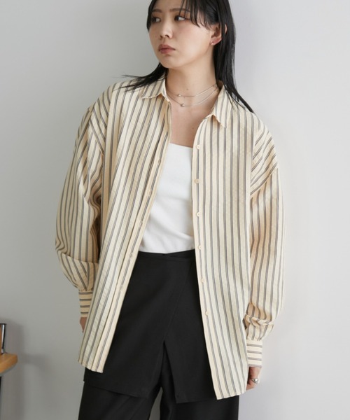 新品 23区 リベコ 大きいサイズ 48 ブルーストライプ 麻 ベーシックシャツ Oggi8月号掲載/洗える】LIBECO ベーシック シャツ / 23区