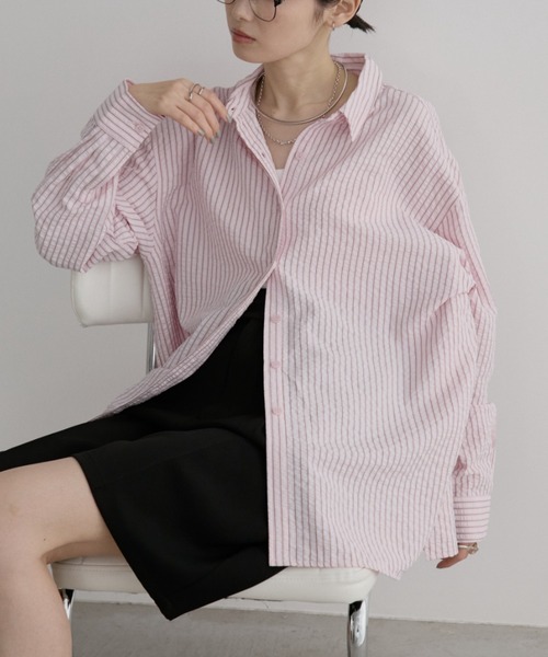 Aunt Marie's（アントマリーズ）の「オーバーサイズベーシックサッカーストライプシャツ【人気アイテム/新色追加！】（シャツ/ブラウス・レディース・ブルー/イエロー・FREE）」の9枚目の写真