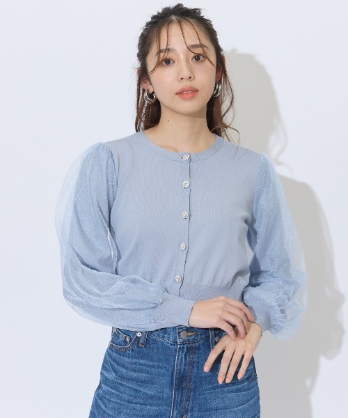 AND COUTURE(アンドクチュール)の「シアースリーブビジューカーディガン(カーディガン/ボレロ・レディース・ブラック/オフホワイト/ブルー・FREE)」の3枚目の写真