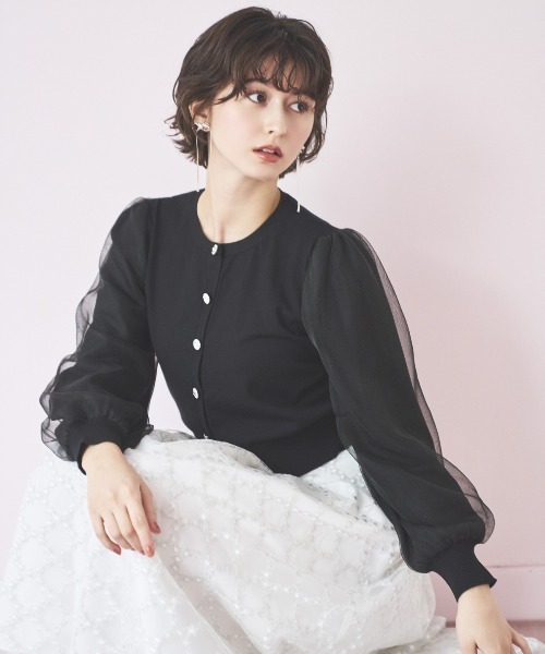AND COUTURE(アンドクチュール)の「シアースリーブビジューカーディガン(カーディガン/ボレロ・レディース・ブラック/オフホワイト/ブルー・FREE)」の1枚目の写真