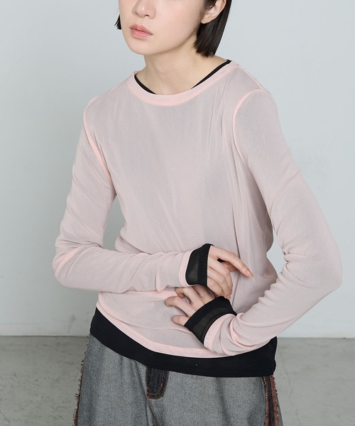 le ELMi（ルエルミ）の「Basic crew-neck sheer tee / クルーネック シアー ベーシック カットソー（Tシャツ/カットソー・レディース・オフホワイト/ライトグリーン/ピンク/ブラック/グレー・FREE）」の5枚目の写真