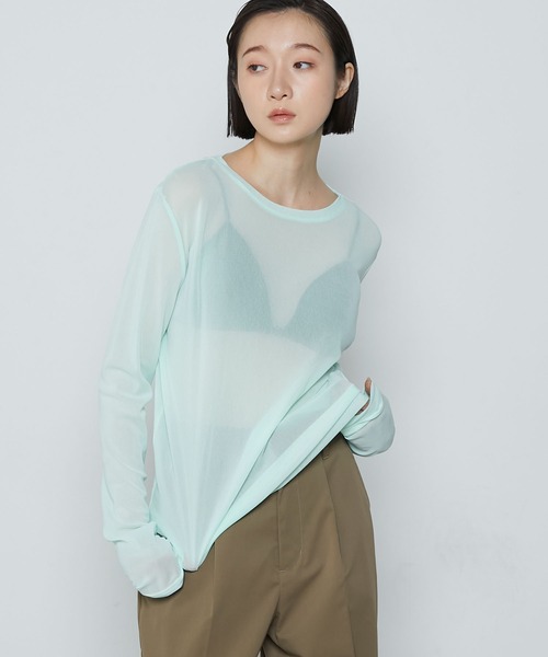 le ELMi（ルエルミ）の「Basic crew-neck sheer tee / クルーネック シアー ベーシック カットソー（Tシャツ/カットソー・レディース・オフホワイト/ライトグリーン/ピンク/ブラック/グレー・FREE）」の4枚目の写真
