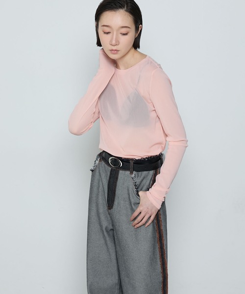 le ELMi（ルエルミ）の「Basic crew-neck sheer tee / クルーネック シアー ベーシック カットソー（Tシャツ/カットソー・レディース・オフホワイト/ライトグリーン/ピンク/ブラック/グレー・FREE）」の19枚目の写真