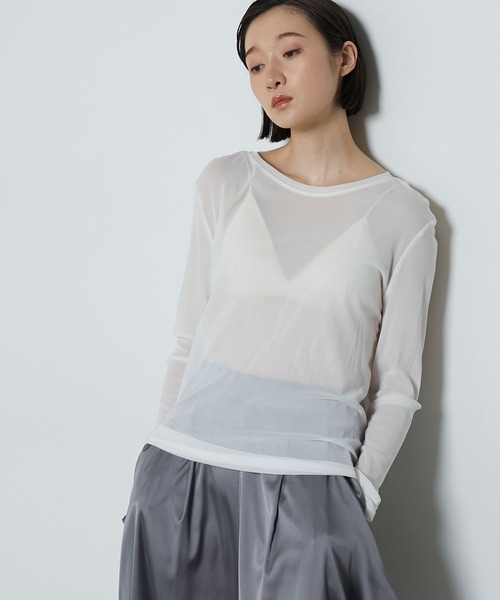 le ELMi（ルエルミ）の「Basic crew-neck sheer tee / クルーネック シアー ベーシック カットソー（Tシャツ/カットソー・レディース・オフホワイト/ライトグリーン/ピンク/ブラック/グレー・FREE）」の11枚目の写真