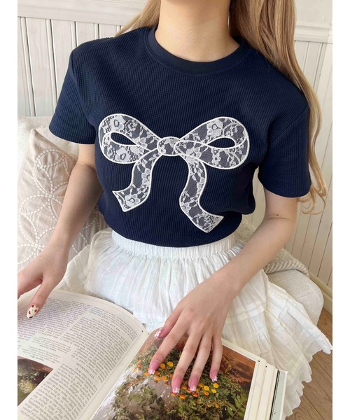 PHILLY(フィリー)の「【PHILLY】リボンレースワッペンワッフルT(Tシャツ/カットソー・レディース・グレー/ホワイト/ネイビー・FREE)」の3枚目の写真