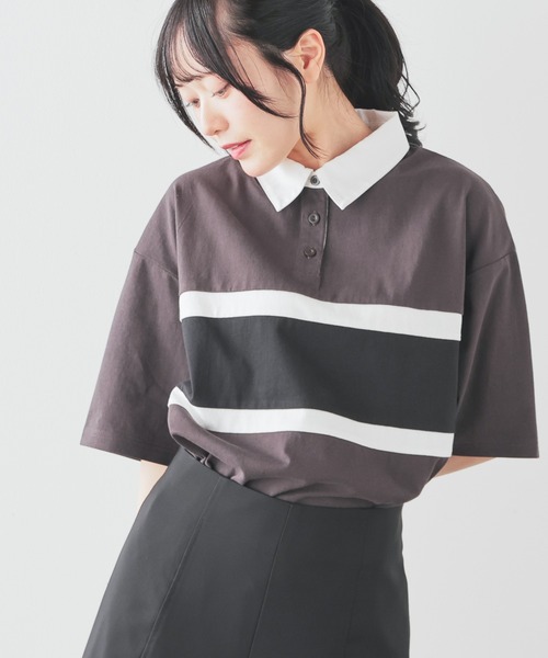 Honeys（ハニーズ）の「配色ラガーシャツ（ポロシャツ・レディース・ピンク/ボルドー/グリーン/スミクロ/ネイビー・L/LL/M/S/SS）」の2枚目の写真