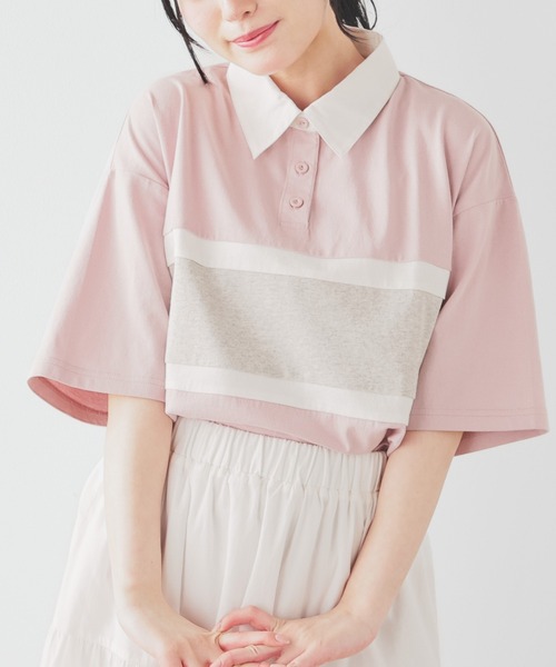 Honeys（ハニーズ）の「配色ラガーシャツ（ポロシャツ・レディース・ピンク/ボルドー/グリーン/スミクロ/ネイビー・L/LL/M/S/SS）」の4枚目の写真