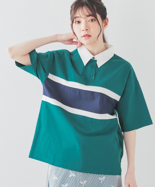 Honeys（ハニーズ）の「配色ラガーシャツ（ポロシャツ・レディース・ピンク/ボルドー/グリーン/スミクロ/ネイビー・L/LL/M/S/SS）」の3枚目の写真