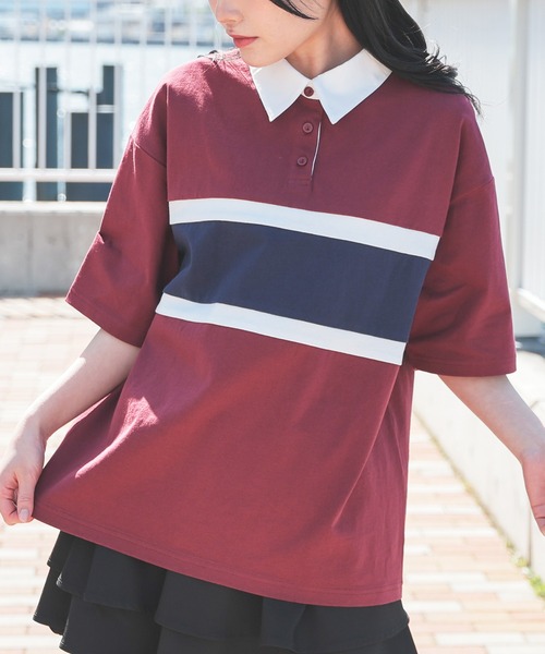 Honeys（ハニーズ）の「配色ラガーシャツ（ポロシャツ・レディース・ピンク/ボルドー/グリーン/スミクロ/ネイビー・L/LL/M/S/SS）」の5枚目の写真