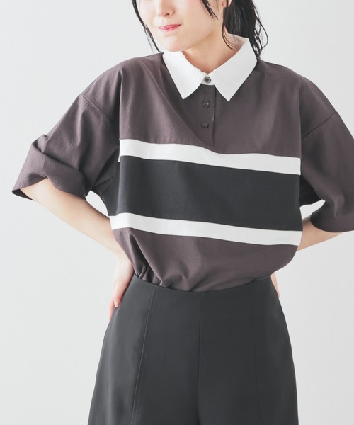 Honeys（ハニーズ）の「配色ラガーシャツ（ポロシャツ・レディース・ピンク/ボルドー/グリーン/スミクロ/ネイビー・L/LL/M/S/SS）」の7枚目の写真