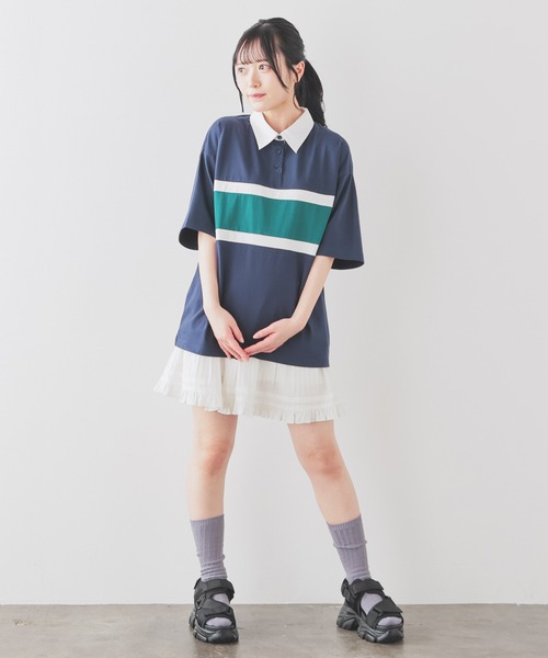 Honeys（ハニーズ）の「配色ラガーシャツ（ポロシャツ・レディース・ピンク/ボルドー/グリーン/スミクロ/ネイビー・L/LL/M/S/SS）」の8枚目の写真